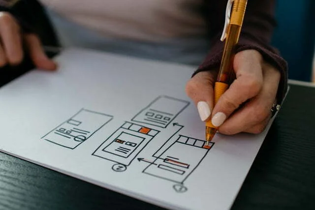 a woman plots out the flow of a process on a piece of paper