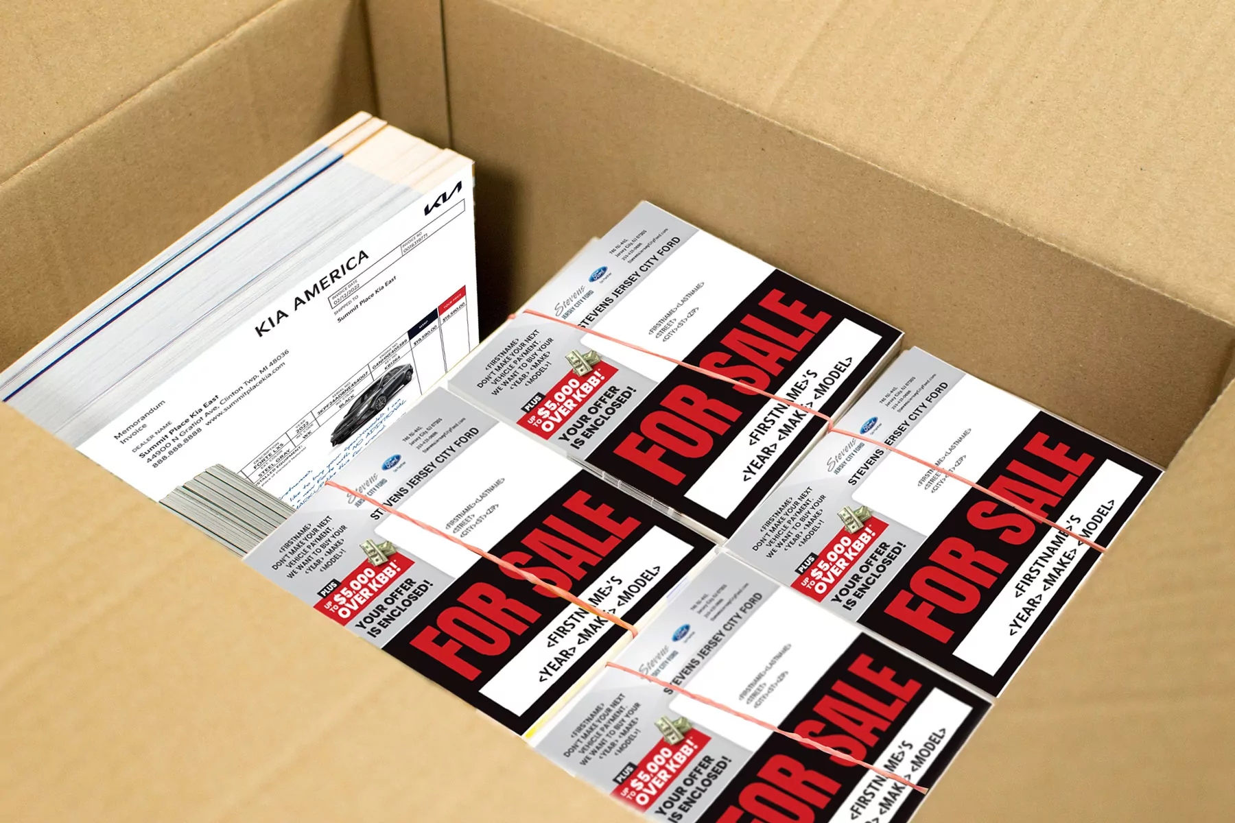 graphic of direct mail promotional materials in a box